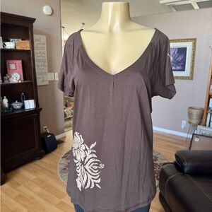 Crazy Shirt brown floral short sleeve Vneck Pima Cotton blouse-size XL